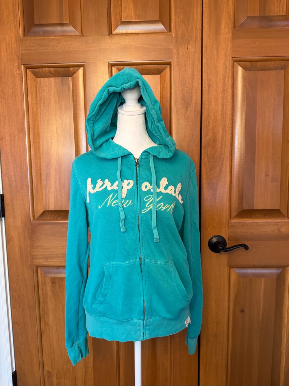 Vintage Aéropostale Teal Graphic Logo full zip hoodie womens size L Y2K READ*